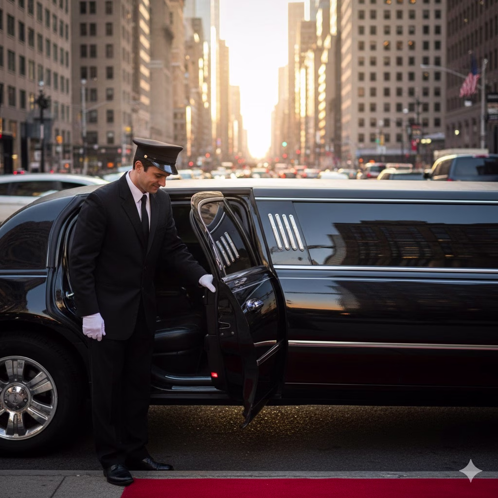 A professional chauffeur opening the door of a luxury black sedan for a premium chauffeur service in St. Louis