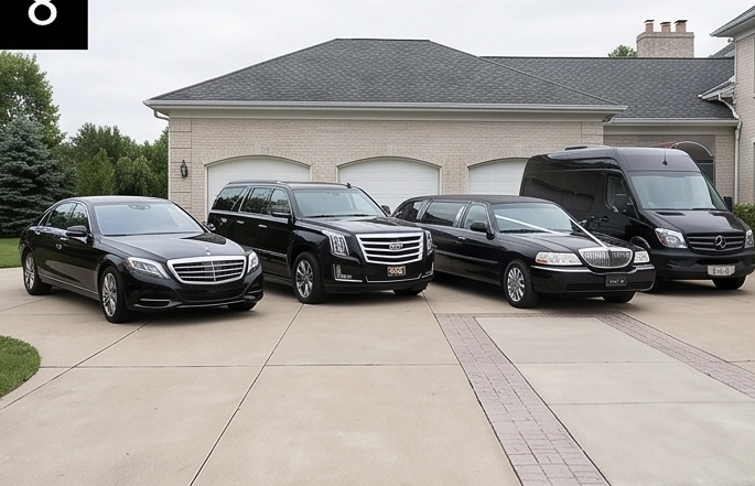 A diverse fleet of luxury black vehicles, including a Mercedes-Benz sedan, a Cadillac Escalade SUV, a Lincoln Town Car stretch limousine, and a Mercedes-Benz Sprinter van, parked in a residential driveway.