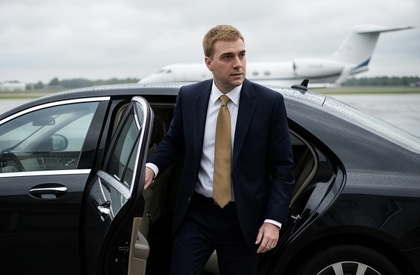 A businessman in a navy suit and gold tie stepping out of a black luxury sedan at an airport with a private jet in the background.