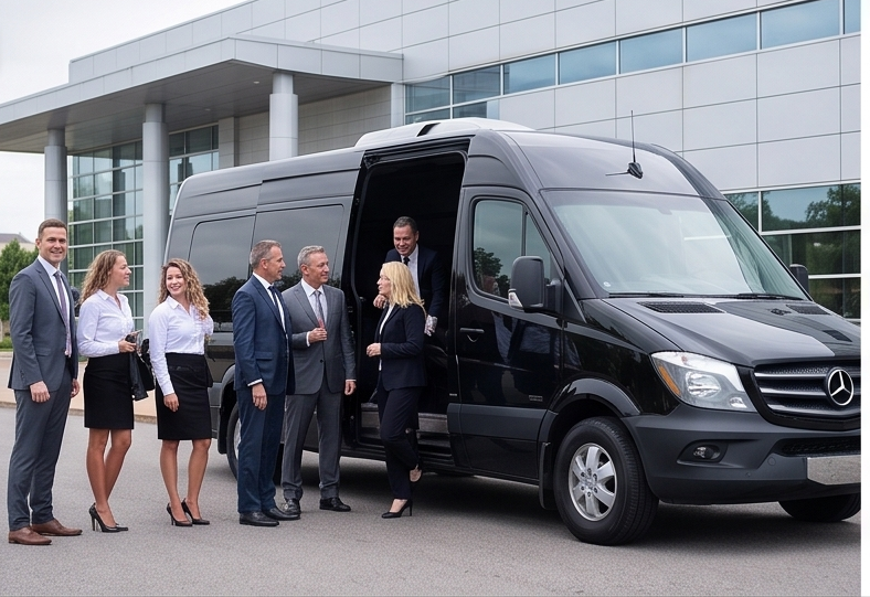 “Luxury black limousine presented in a clean, modern setting, representing premium chauffeur service in St. Louis.