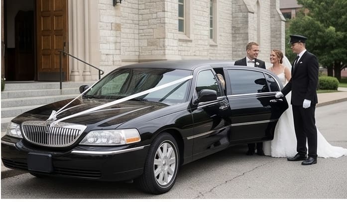 Wedding-limousine-chauffeur.png Luxury chauffeured vehicle presented in a clean, modern setting, representing premium St. Louis Black Limousine service