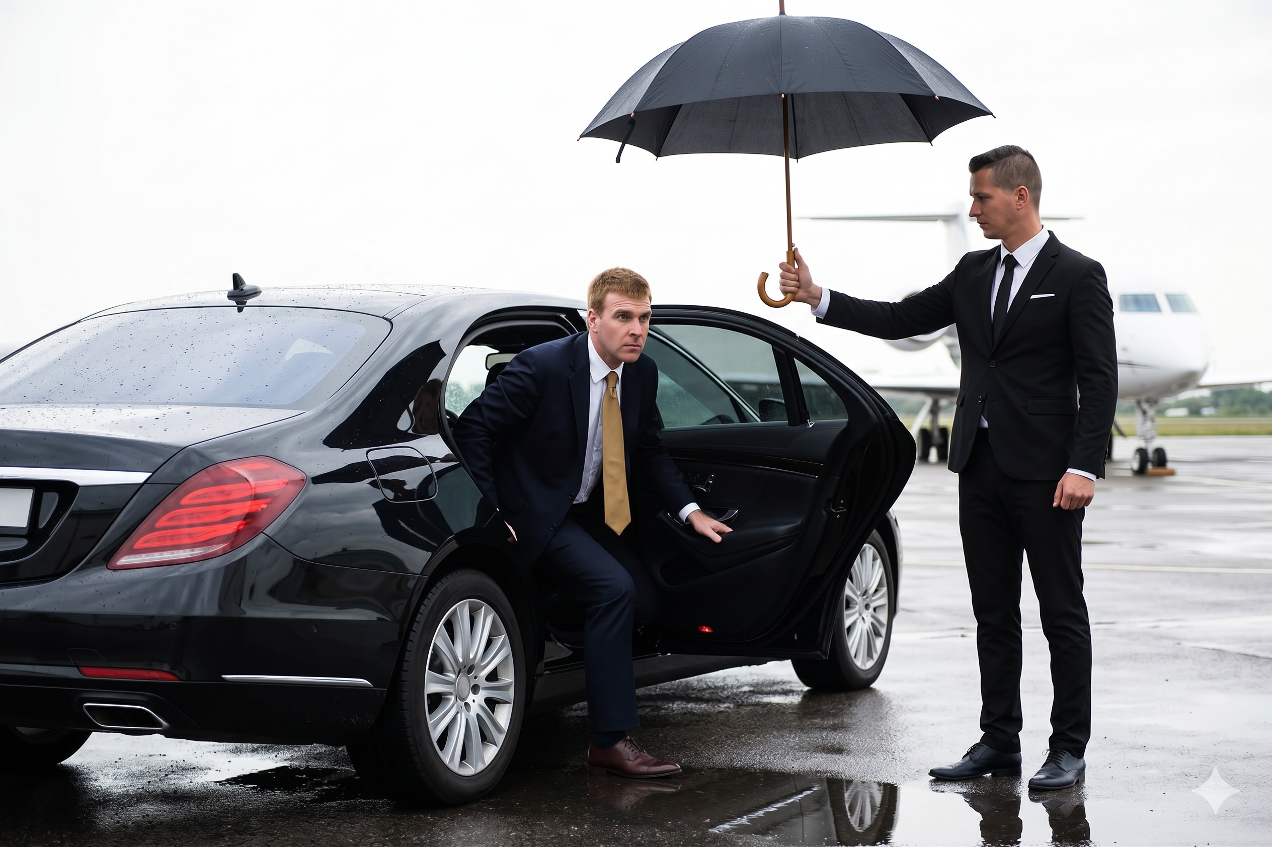 Professional chauffeur opening the door of a luxury black sedan for premium airport car service in St. Louis
